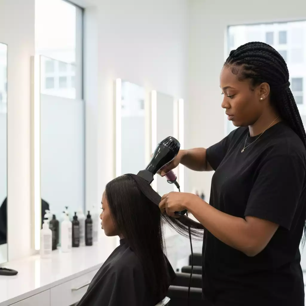 Stylist blow-drying long, healthy hair in a modern salon setting, focus on shine and volume, no text, no words, no typography, 8K
